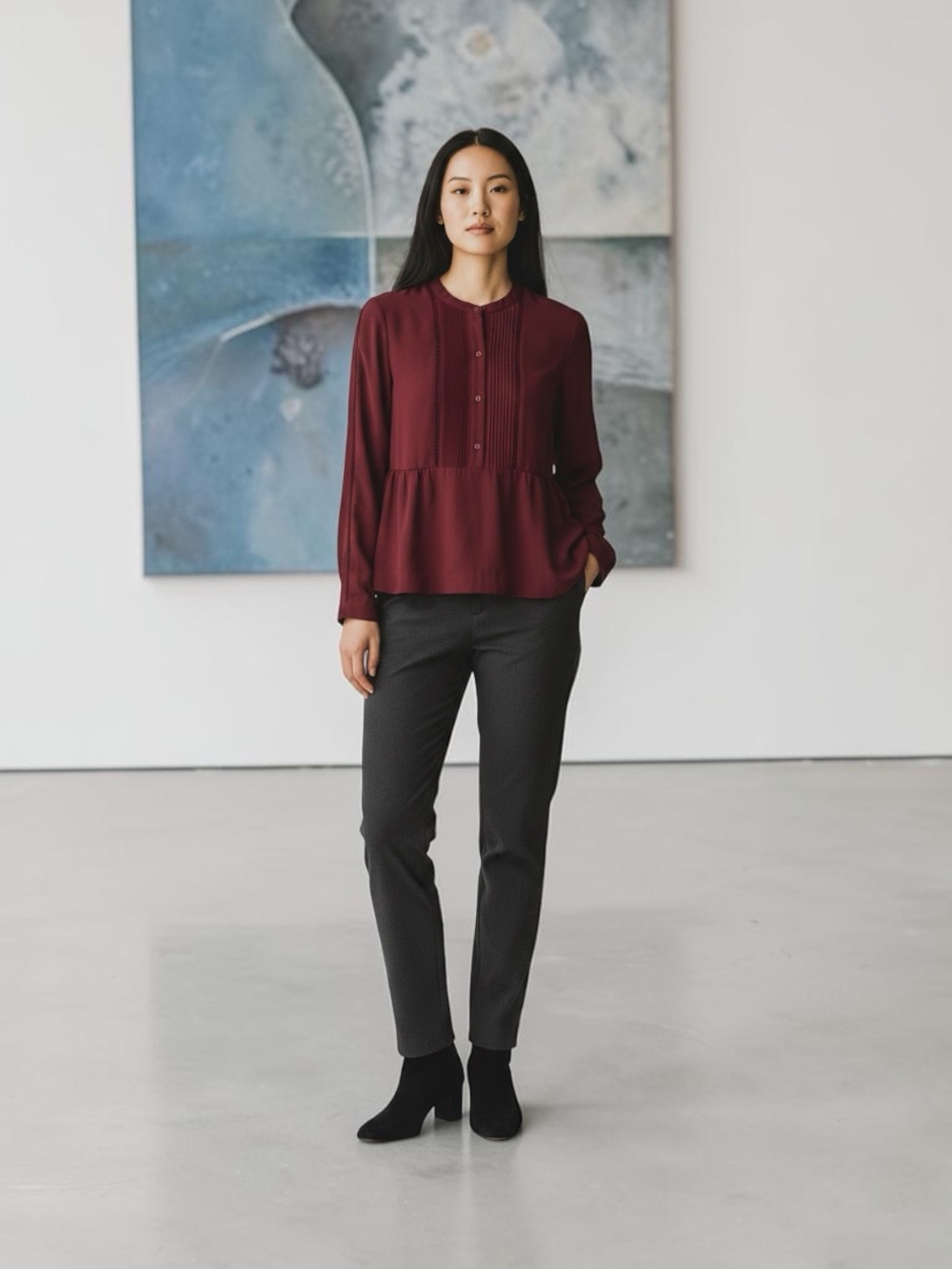 1. State Burgundy Blouse with Button Detail Small modern trendy feminine flowy